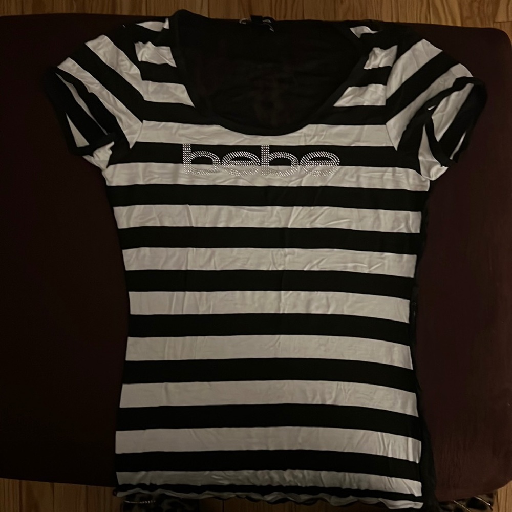Bebe Bling Logo T-shirt Black/White Striped w/ Lace Back